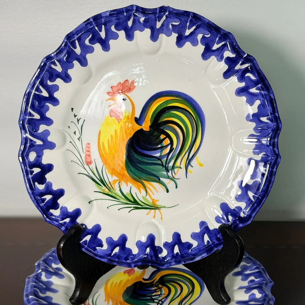 Vintage Zanolli Italy Hand Painted Rooster Majolica Plates Set of 2 Tuscan Decor